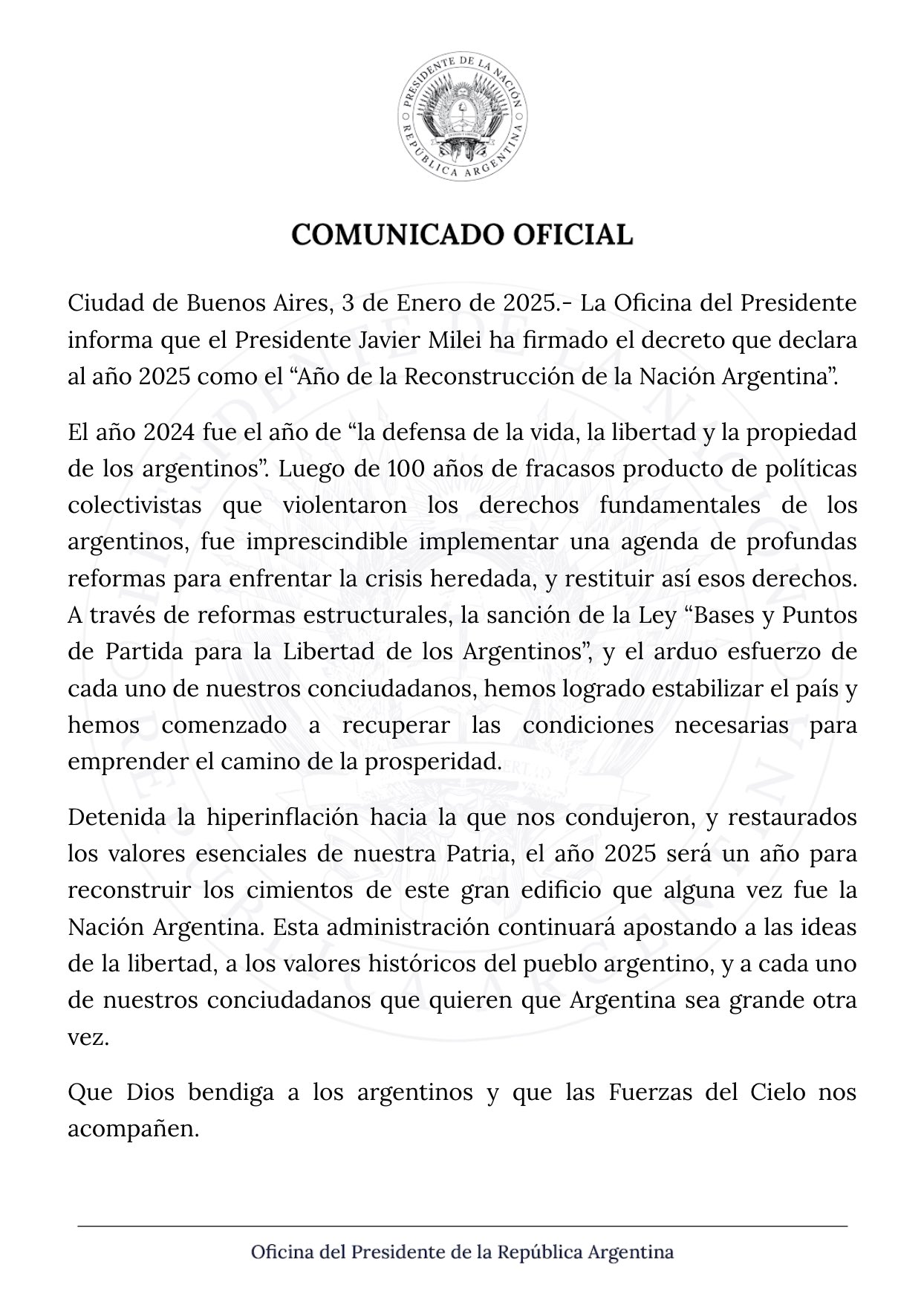 Javier Milei decretó que el 2025 será el “Año de la Reconstrucción de la Nación Argentina” imagen-7